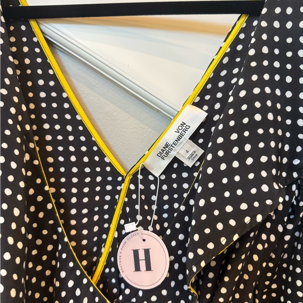 Diane Von Furstenberg Black and White Polka Dot Blouse with Yellow Trim - Picture 3 of 3